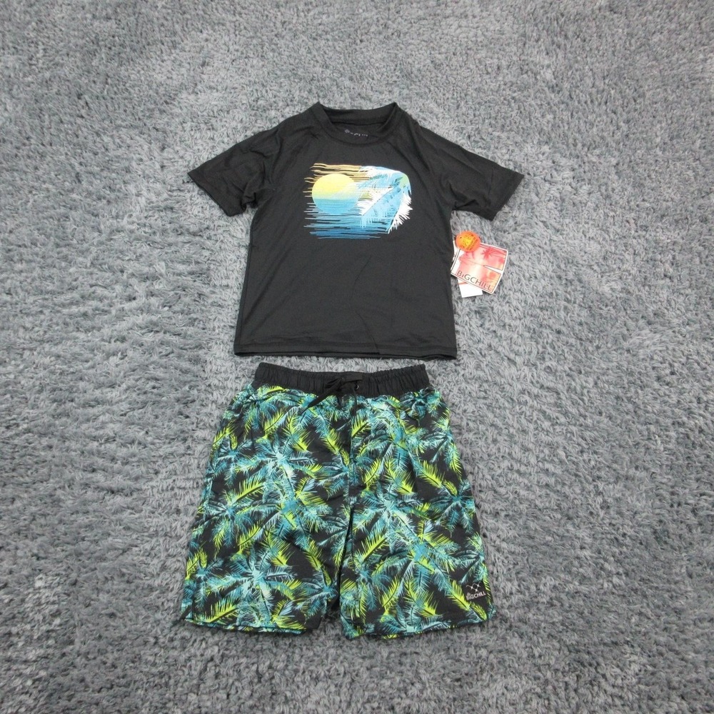 Big Chill Swim Set Boys 7 Black Green Rash Guard Shirt Trunks Palm Print NWT